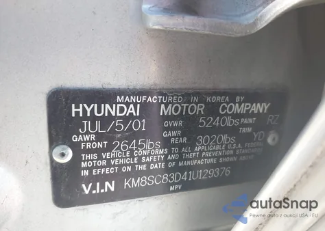 2001 Hyundai Santa Fe 2.7L V6 Gls/2.7L V6 Lx z USA, uszkodzony, nr VIN KM8SC83D41U129376